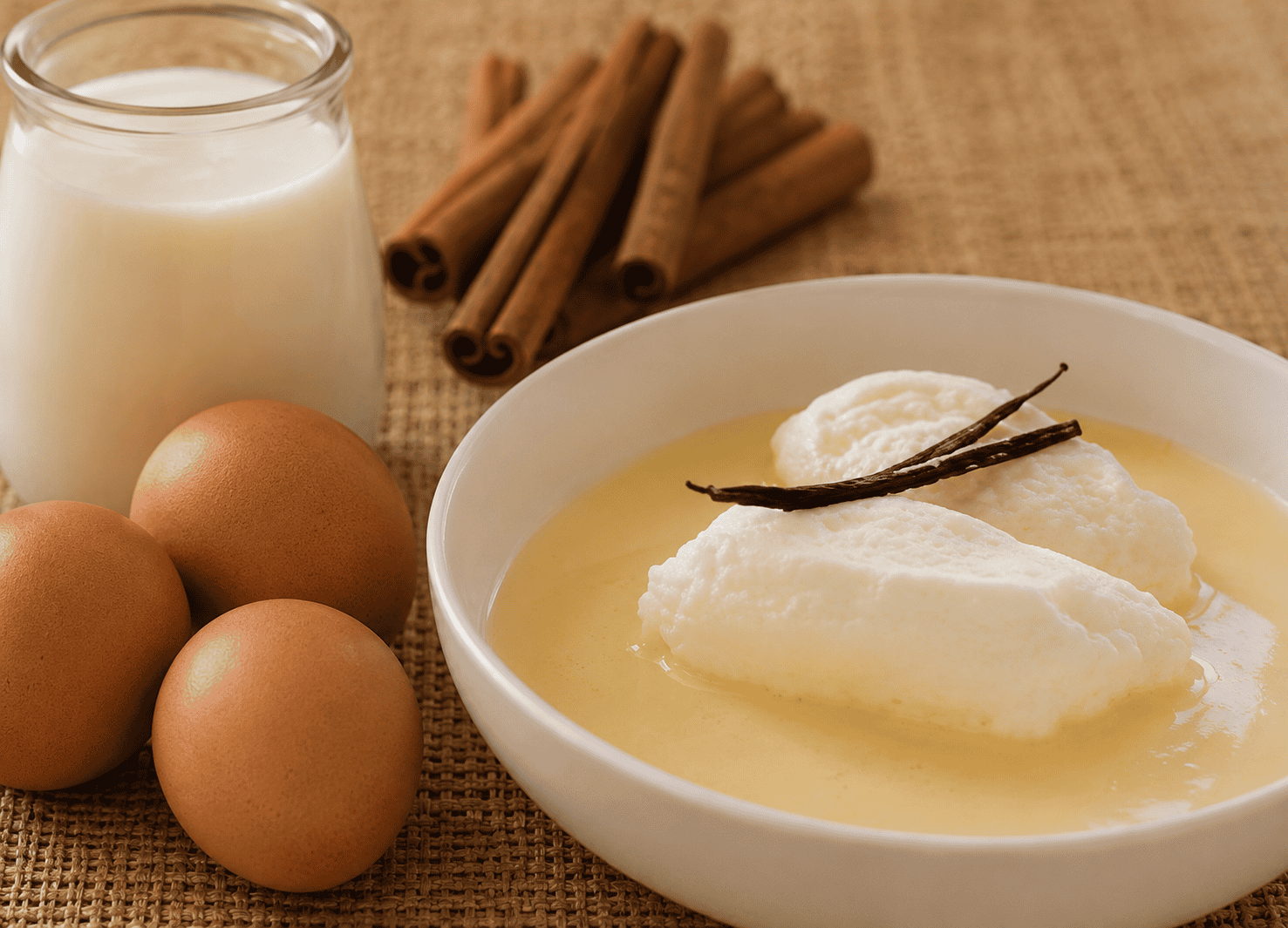 ovos nevados servidos com creme de baunilha em travessa