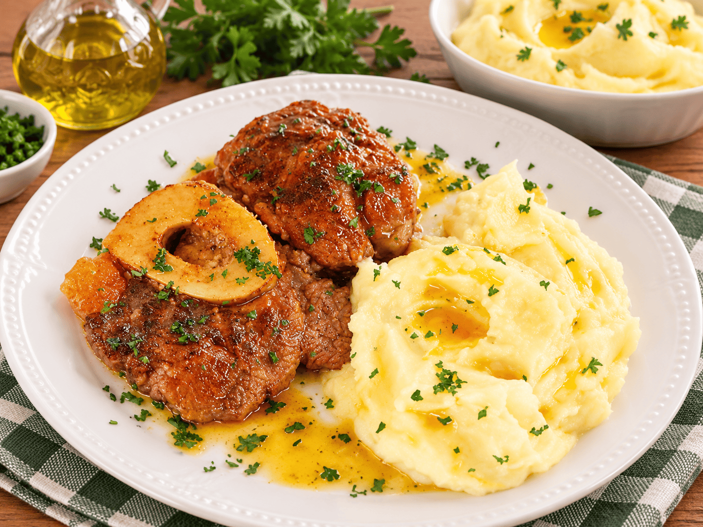 Ossobuco alla milanese servido com purê de batatas e gremolata