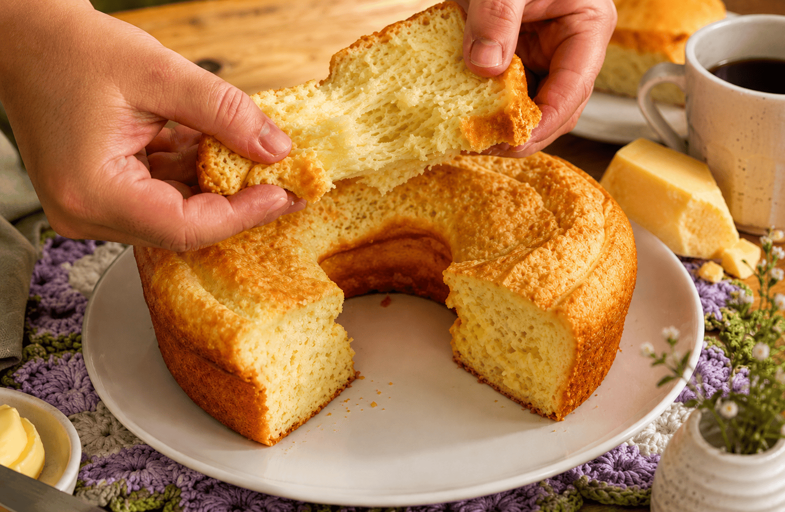 Pão de queijo gigante de liquidificador recém-assado