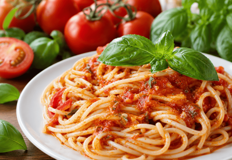 Molho ao sugo rápido com tomate pelado e manjericão