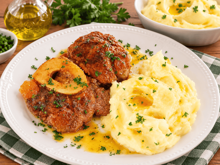 Ossobuco alla milanese servido com purê de batatas e gremolata